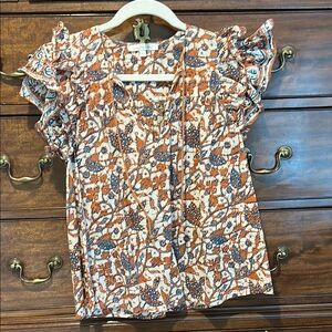 Ruffled Tie Front Flutter Sleeve Blouse in Orange and Brown